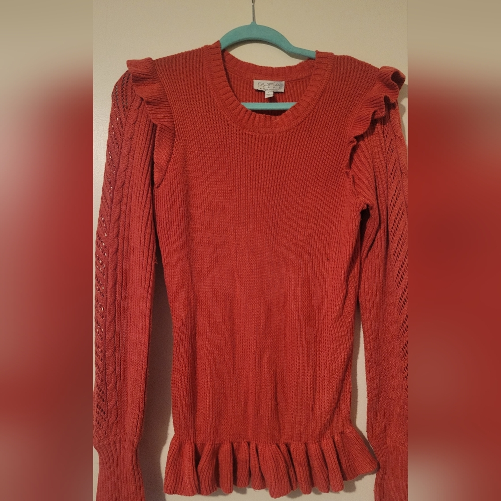 Coral Knit Sweater with Ruffled Shoulders